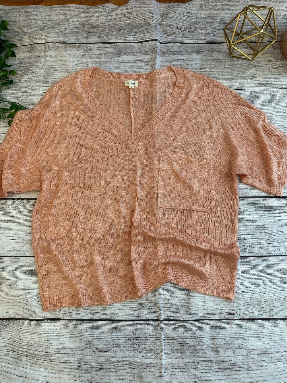 LA MIEL Peach Knit V-Neck Pocket Sweater